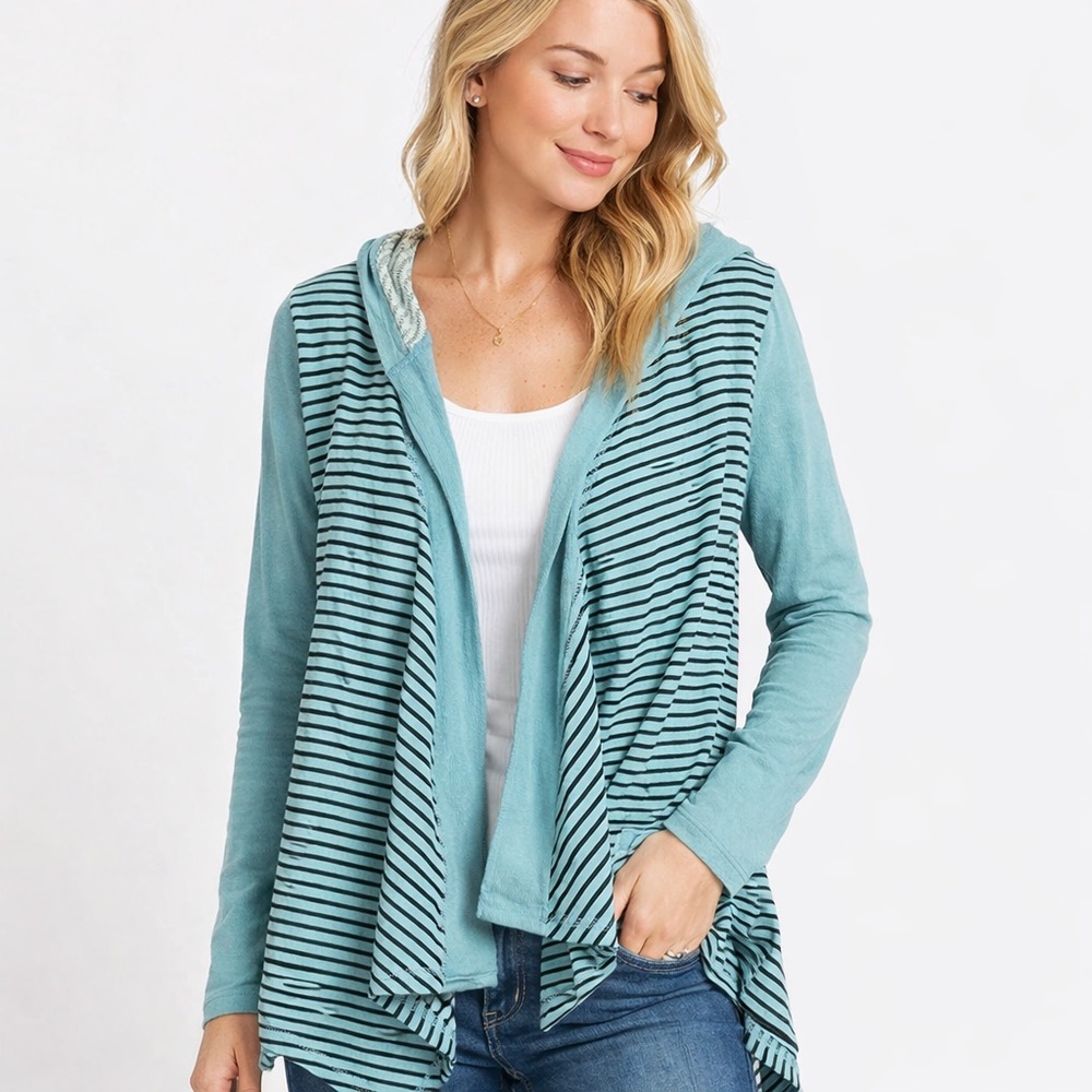 Jessica Simpson Striped Hooded Open-Front Cardigan – Teal – Size M